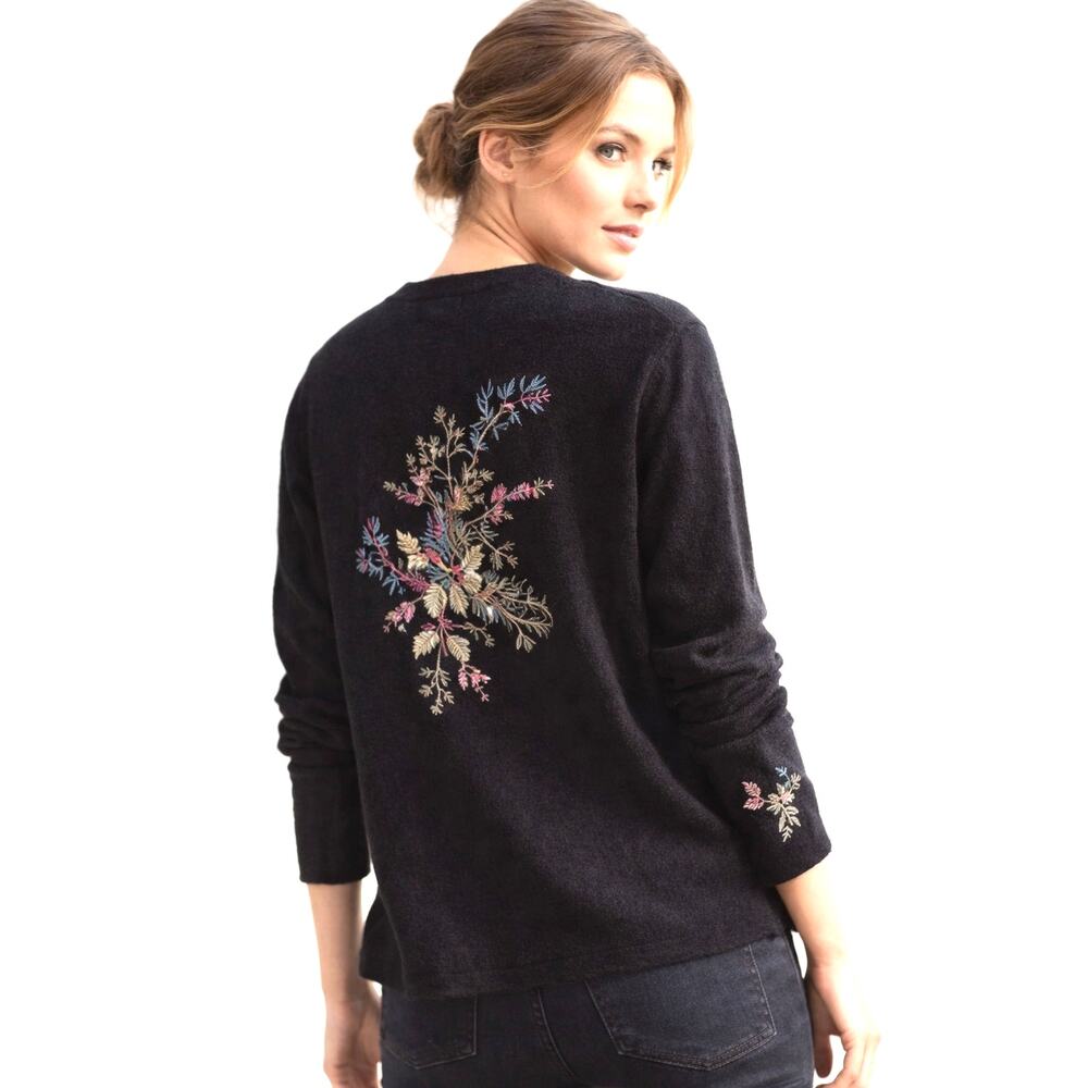 Woolrich Floral Embroidered Cotton Blend Button Up Cardigan Sweater Sz M Black